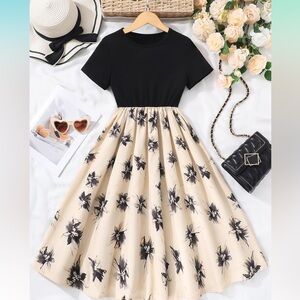 New Elegant Black and Cream Floral Dress Size Girls 11 yr